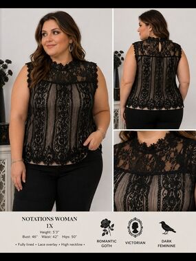 Notations Woman 1X Black Lace Sleeveless Top Fully Lined Victorian Goth